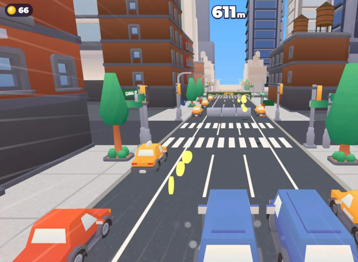 CouchRun gameplay: running down a New York street with yellow cabs, brick walk-ups and coins in the lanes