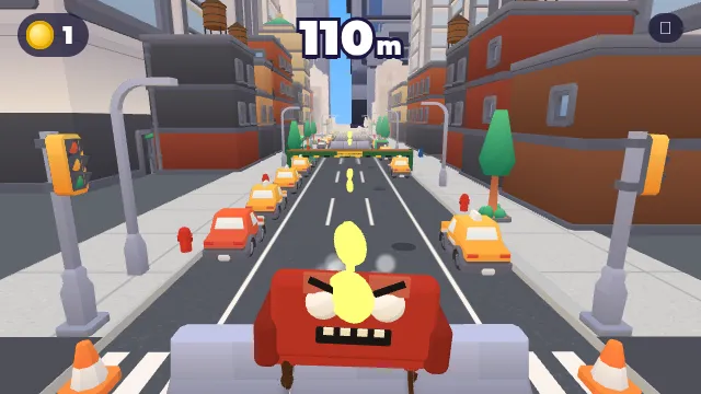 The Couch, a red sofa monster with angry eyes, chasing the runner down a New York street